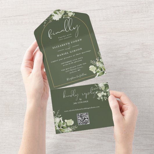 Olive Green Endarch Greenery QR Code Hochzeit All In One Einladung (Abreißen)