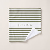 Olive Green Farmhouse Streifenmuster Personalisier Badhandtuch Set (Waschlappen)