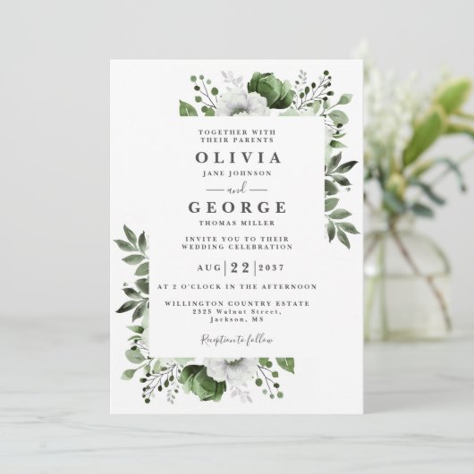 Olive Green Floral Botanical Modern Wedding Einladung (Stehend Vorderseite)