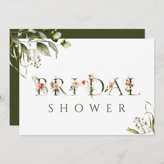 Olive Green Floral BotanLetter Brautparty Einladung (Vorne/Hinten)