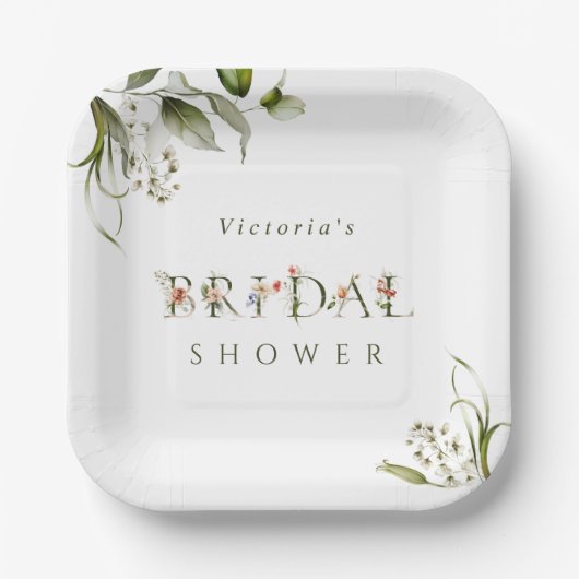 Olive Green Floral BotanLetter Brautparty Pappteller (Vorderseite)