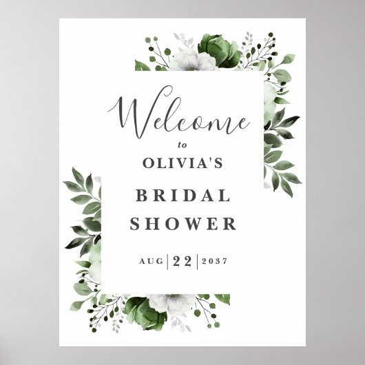 Olive Green Floral Brautparty Begrüßungszeichen Poster (Vorne)