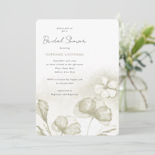 Olive Green Floral Brautparty Einladung (Stehend Vorderseite)