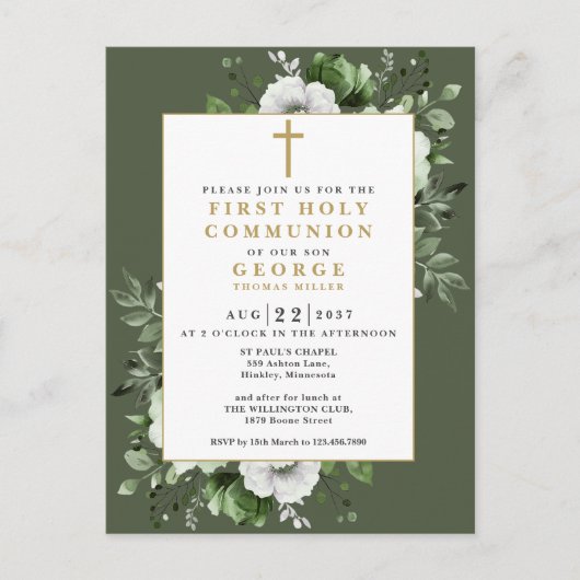 Olive Green Floral First Heilige Kommune Einladung Postkarte (Vorderseite)