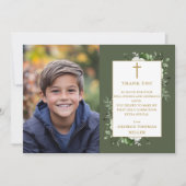 Olive Green Floral Foto Erste Heilige Kommune Dankeskarte (Vorderseite)