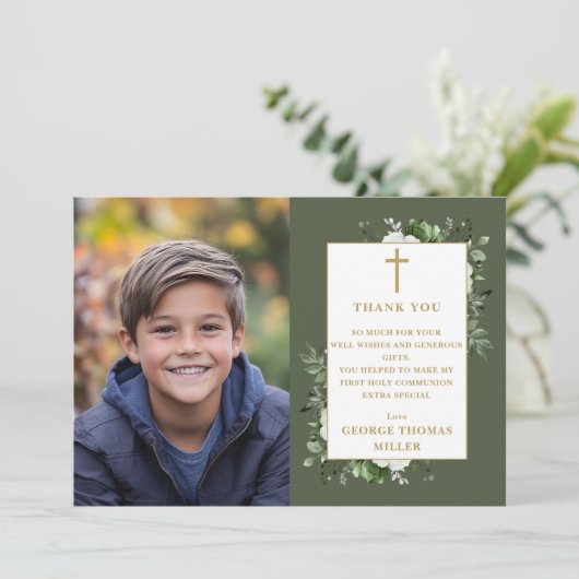 Olive Green Floral Foto Erste Heilige Kommune Dankeskarte (Stehend Vorderseite)