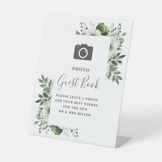 Olive Green Floral Foto Gästebuch Hochzeit Sockelschild (Vorderseite)