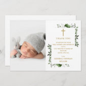 Olive Green Floral Foto Taufe Christening Dankeskarte (Vorne/Hinten)