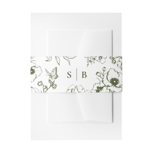 Olive Green Floral Garden Monogram Wedding Einladungsbanderole (Vorderseite Beispiel)
