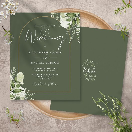 Olive Green Floral Gold Arch Hochzeit Einladung