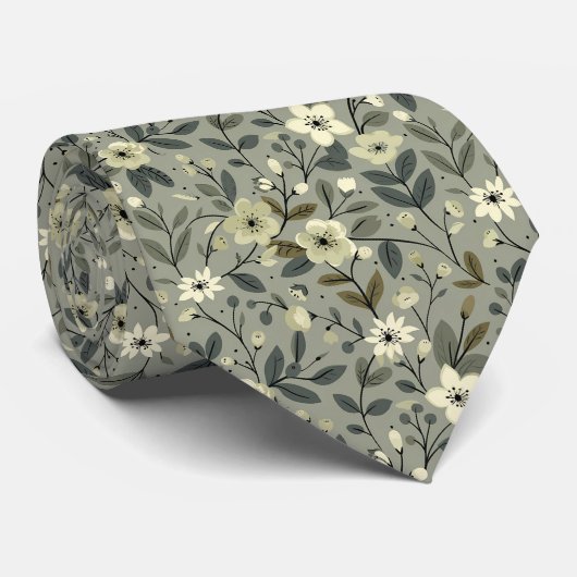 Olive Green Floral Krawatte (Gerollt)