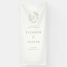 Olive Green Floral Line Art Crest Wedding Welcome Banner