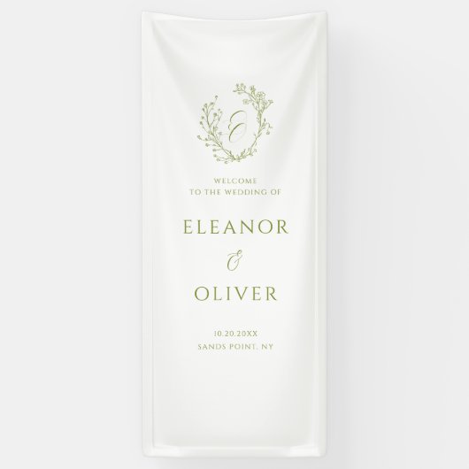 Olive Green Floral Line Art Crest Wedding Welcome Banner (Vertikal)