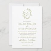 Olive Green Floral Line Art Monogram Crest Wedding Einladung (Vorderseite)