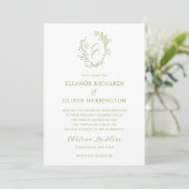 Olive Green Floral Line Art Monogram Crest Wedding Einladung (Stehend Vorderseite)