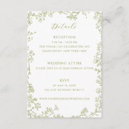 Olive Green Floral Line Art Wedding Details Begleitkarte