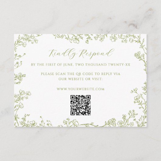 Olive Green Floral Line Art Wedding QR Code Begleitkarte (Vorderseite)
