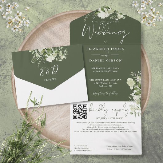 Olive Green Floral Monogram QR Code Wedding All In One Einladung