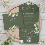 Olive Green Floral QR Code Monogram Wedding All In One Einladung<br><div class="desc">Alles in einer Hochzeitseinladung mit botanischer Vegetation,  rustikalen Blätter und eleganter Typografie auf einem Olivenhain. Die Einladung enthält eine perforierte RSVP-Karte mit QR-Code. Entwickelt von Thisisnotme©</div>