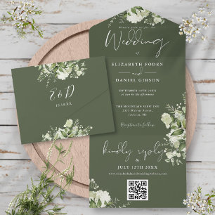 Olive Green Floral QR Code Monogram Wedding All In One Einladung