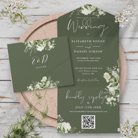 Olive Green Floral QR Code Monogram Wedding All In One Einladung