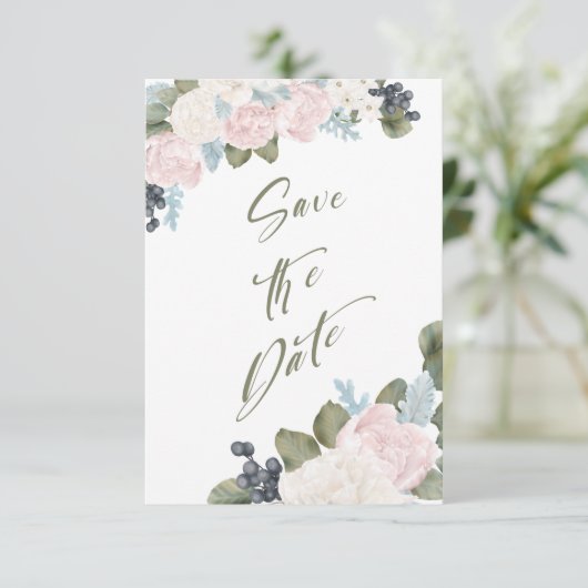Olive Green Floral Save the Date Non Foto (Stehend Vorderseite)