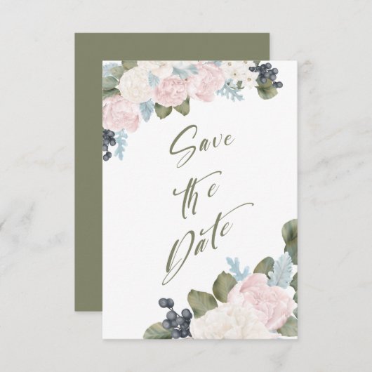 Olive Green Floral Save the Date Non Foto (Vorne/Hinten)