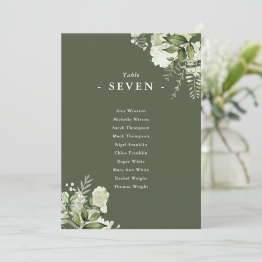 Olive Green Floral Sitzplan Tischnummer (Stehend Vorderseite)
