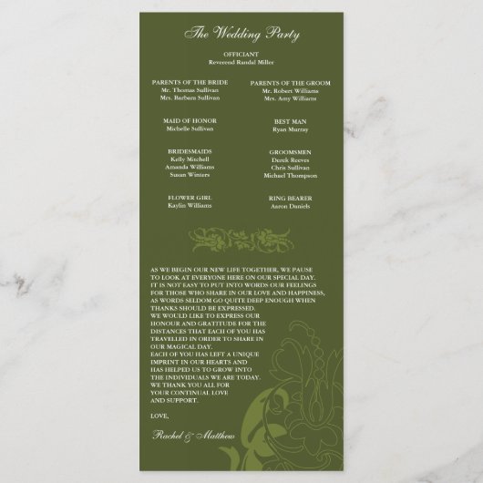 Olive Green Floral Wedding Program Programm (Rückseite)