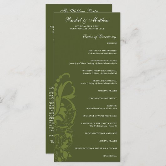 Olive Green Floral Wedding Program Programm (Vorne/Hinten)