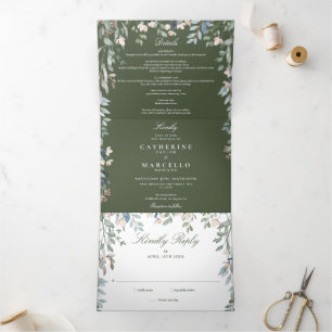 Olive Green Floral Wildblumen Foto Hochzeit Dreifach Gefaltete Einladung