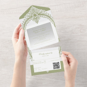 Olive Green French Blüh Frame Wedding All In One Einladung