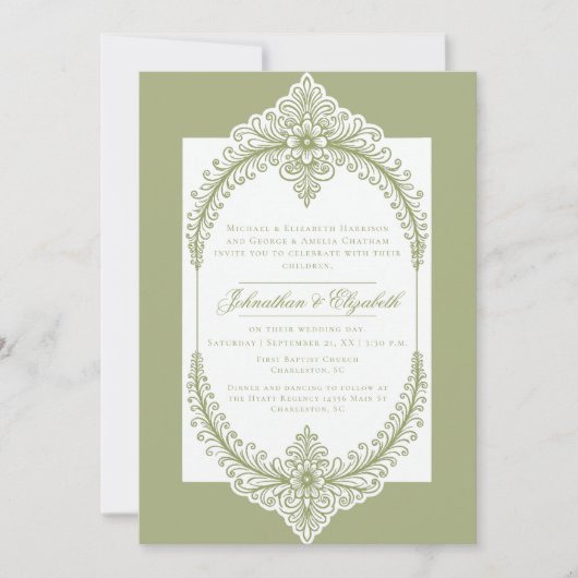 Olive Green French Blüh Frame Wedding Einladung (Vorderseite)