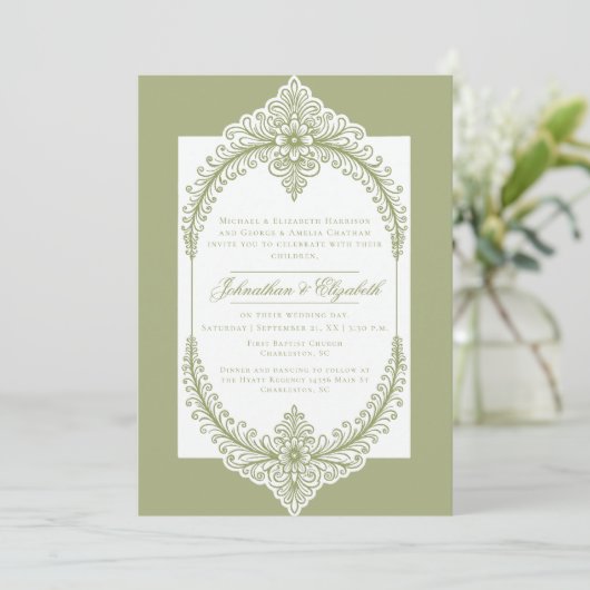 Olive Green French Blüh Frame Wedding Einladung (Stehend Vorderseite)
