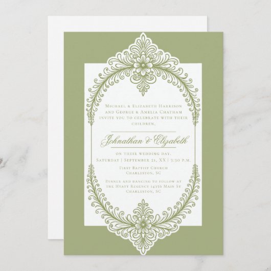 Olive Green French Blüh Frame Wedding Einladung (Vorne/Hinten)