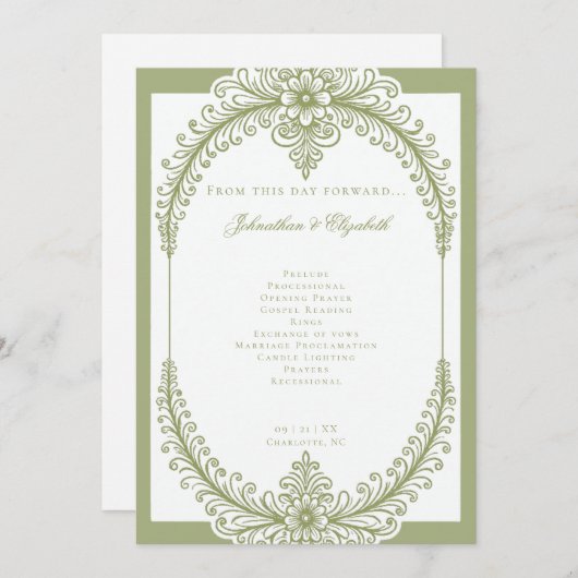 Olive Green French Blüh Frame Wedding Programm (Vorne/Hinten)