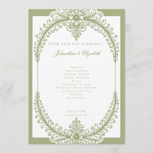 Olive Green French Blüh Frame Wedding Programm (Vorderseite)