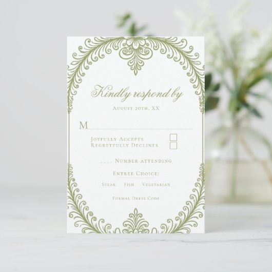 Olive Green French Blüh Frame Wedding RSVP Karte (Stehend Vorderseite)
