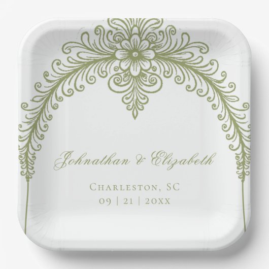 Olive Green French Flourish Arch Wedding Pappteller (Vorderseite)