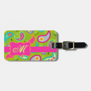 Olive Green Fuchsia Pink Modern Paisley Monogram Gepäckanhänger