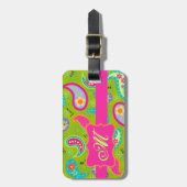 Olive Green Fuchsia Pink Modern Paisley Monogram Gepäckanhänger (Vorderseite vertikal)