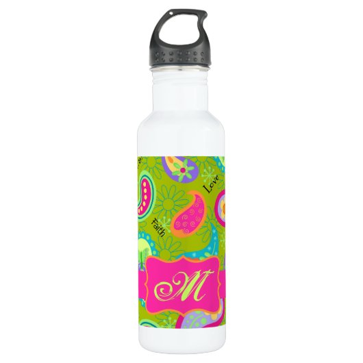 Olive Green Fuchsia Pink Modern Paisley Monogram Trinkflasche (Vorderseite)