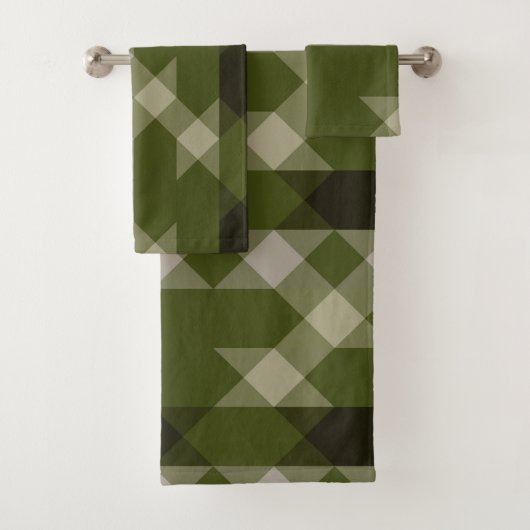 olive green geometric pattern badhandtuch set (Insitu)
