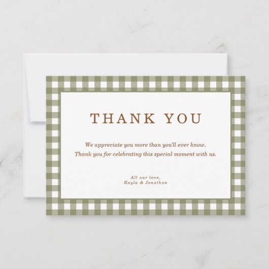 Olive Green Gingham Baby Dusche Dankeskarte (Vorderseite)