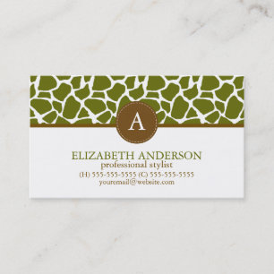 Olive Green Giraffe Muster Monogram Visitenkarte