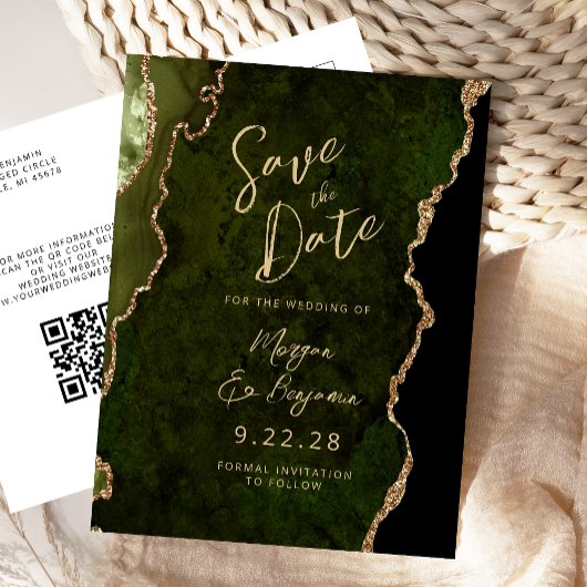Olive Green Gold Agate QR-Code Save the Date Ankündigungspostkarte