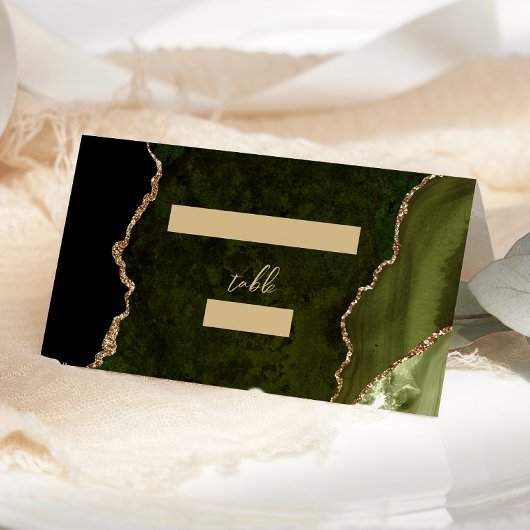 Olive Green Gold Agate Script Hochzeitstisch Platzkarte