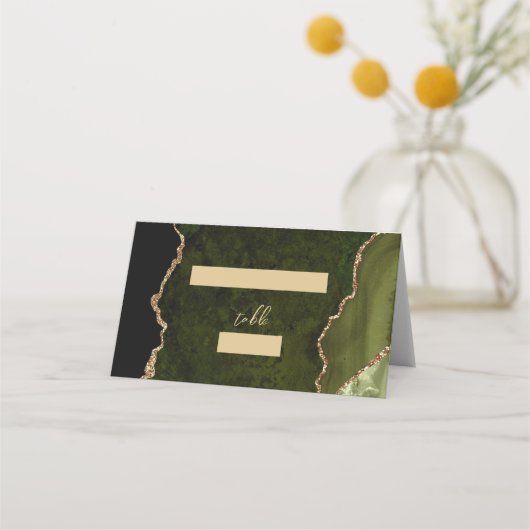 Olive Green Gold Agate Script Hochzeitstisch Platzkarte (Vorderseite)