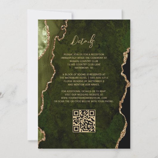 Olive Green Gold Agate Script QR Code Hochzeit Einladung (Rückseite)