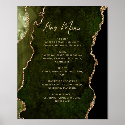 Olive Green Gold Agate Script Wedding Bar Menu  Poster (Vorne)